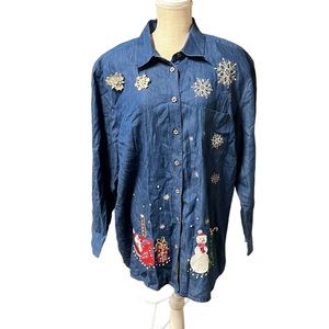 Karen Scott Long Sleeve Button Up Blue Christmas Snowman Santa Snow Womens 3X